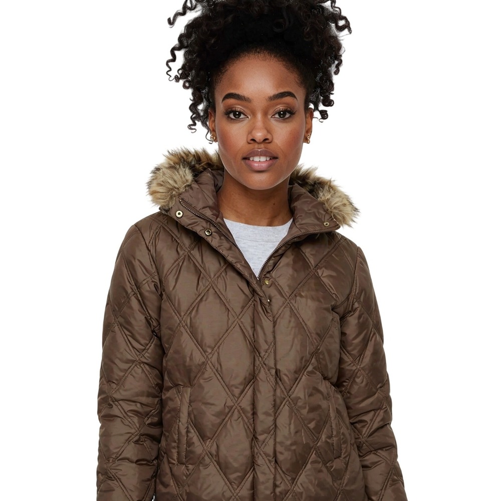 Ellen Tracy Down Coat Women's Size Medium Brown Quilted Puffer Jacket Fur Hood